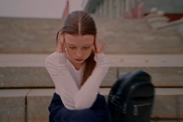 A young woman with long hair sits on steps, holding her head in stress, portraying the emotional impact of life's pressures.