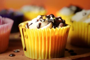 Colourful cupcakes topped with chocolate drizzle, showcasing the artistry of food photography for commercial use.