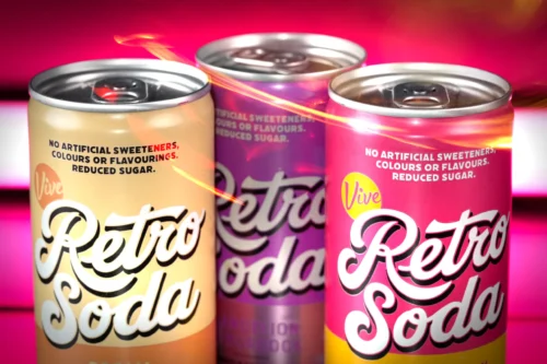 Retro Soda cans in vibrant colours; featuring 'No artificial sweeteners, colours or flavours. Reduced sugar.'