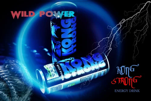 KONG Strong energy drink cans with a vibrant design and 'Wild Power' text, set against a dramatic background.