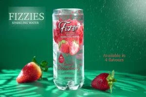 Fizziest sparkling water with strawberries, highlighting four available flavours on a vibrant green background.