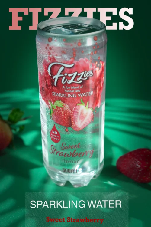 Sparkling water can featuring Sweet Strawberry flavour, set against a vibrant green background with strawberries.