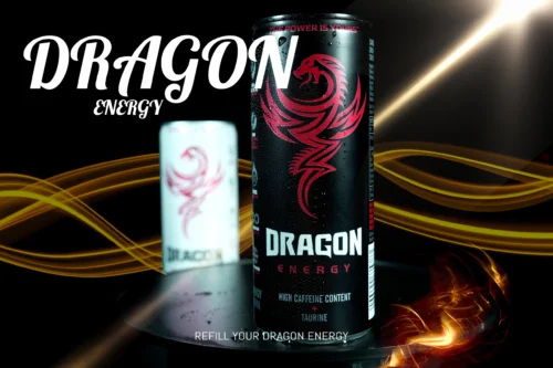 DRAGON Energy drink can with vibrant design against a dynamic background, promoting refreshment and energy.