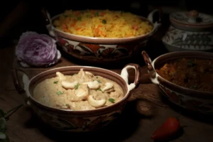 Delicious Indian dishes featuring creamy curry, fragrant rice, and vibrant garnishes, showcasing food photography excellence.