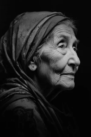Portrait of an elderly woman in a headscarf, showcasing detailed facial features and expressive character against a dark background.